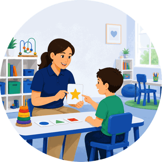 Una terapeuta trabajando con un niño en una mesa dentro de un salón de terapia en el centro.