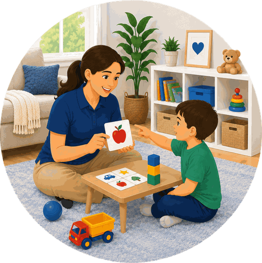 Una terapeuta y un niño construyendo bloques juntos durante una sesión de ABA en el hogar.